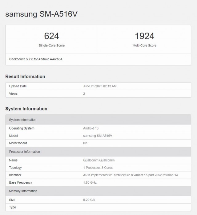 Galaxy A51s 5G Geekbench listing