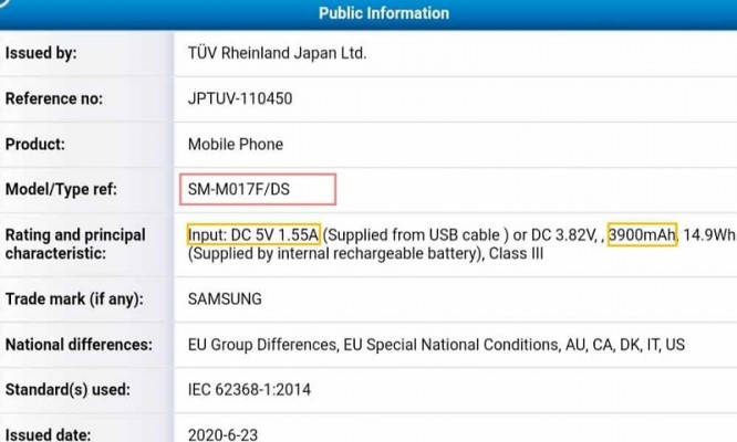 Samsung Galaxy M01s certified by TUV Rheinland with a 3,900 mAh battery