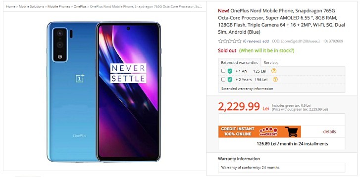 OnePlus Nord listed on Romanian retailer with price and specs