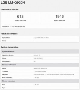 LG Q920 (LM-Q920N) result from Geekbench 5
