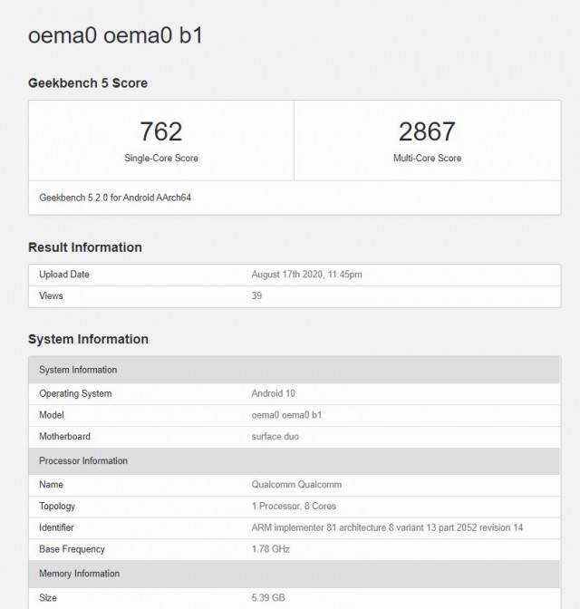Surface Duo Geekbench result