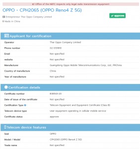 Oppo Reno4 Z 5G certified in Thailand (aka A92s)