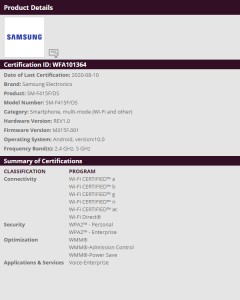 Wi-Fi certification for the SM-F415F/DS
