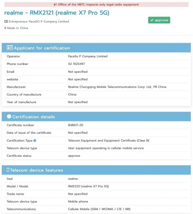 Realme X7 Pro 5G listing on NBTC