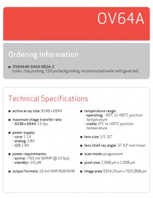 OmniVision OV64A sensor spec sheet: 1/1.34/