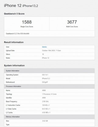 iPhone 12 (left) and iPhone 12 Pro (right) Geekbench runs
