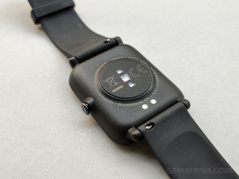 Charging pins and PPG Bio-Tracking Optical Heart Rate Sensor on Amazfit Bip S Lite