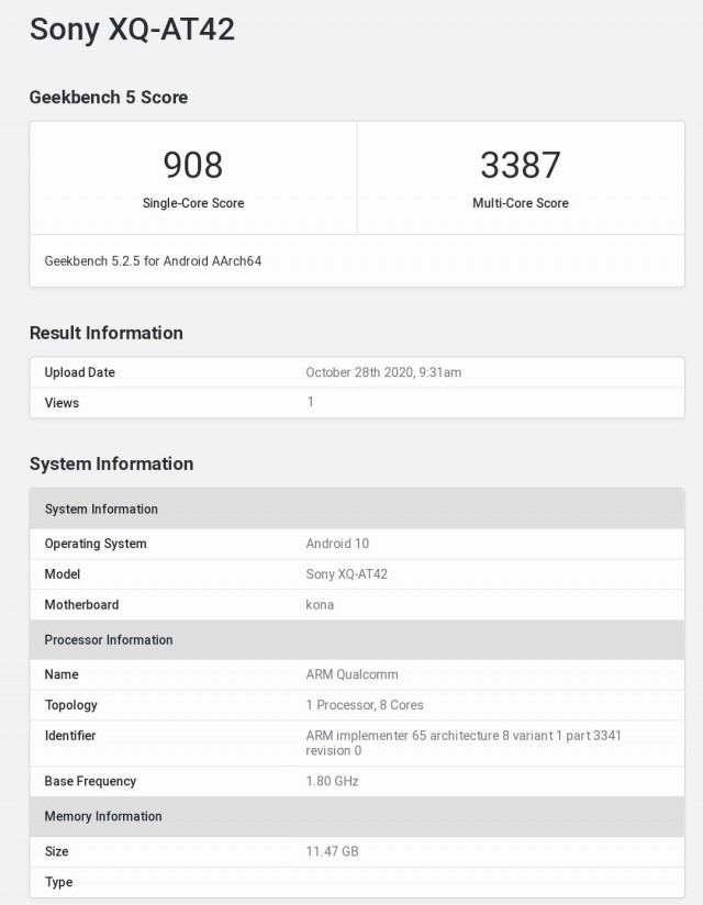 Xperia 1 II with 12GB RAM Geekebnch run
