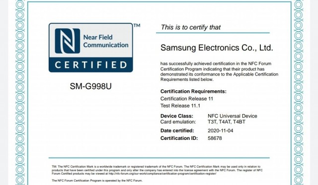 Samsung Galaxy S21 Ultra NFC certification