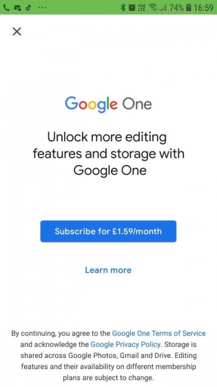 Buying Google One subscription unlocks editing features on Google Photos