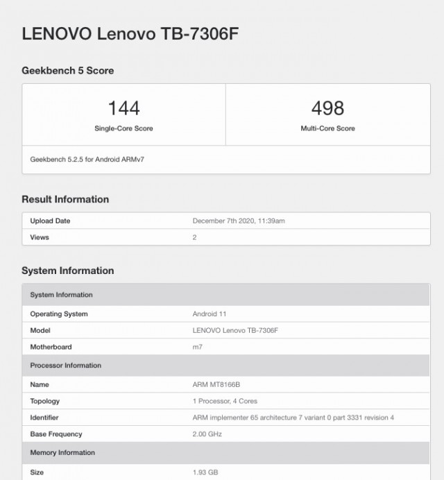 Lenovo TB-7306F Geekbench listing
