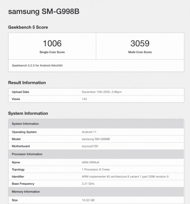 Samsung Galaxy S21 Ultra with Exynos 2100 on Geekbench