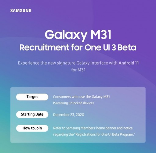 Samsung announces One UI 3.0 beta for Galaxy M31
