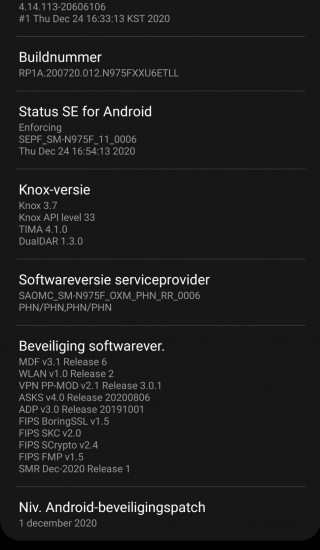 Software info after One UI 3 update on Galaxy Note10+