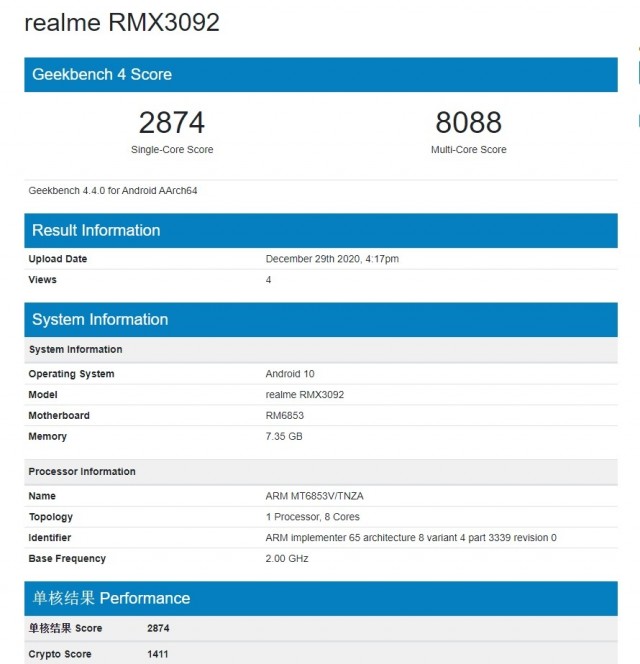 Alleged Realme 8 on Geekbench