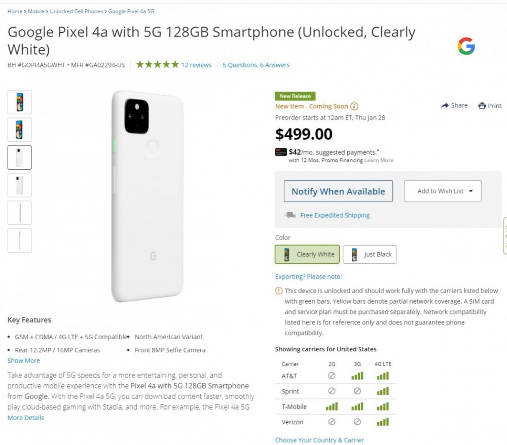 Clearly White unlocked Google Pixel 4a 5G variant arriving to the US soon